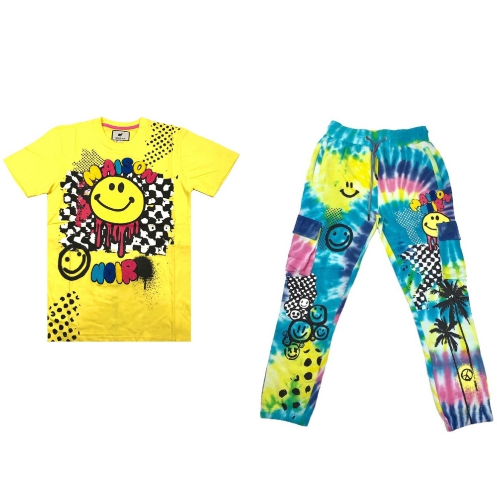 Men’s yellow “Trippy Checkered” set. Sizes small, medium, large, and XL.